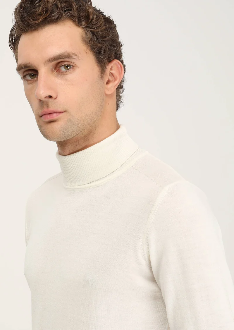 Kip Ecru Full Turtleneck Plain Knit Wool Blend Sweater