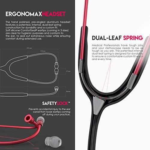 MDF Instruments أدوات MDF، سماعة طبية خفيفة الوزن من أكوستيكا للأطباء والممرضين والطلاب والاستخدام المنزلي، للبالغين، رأس مزدوج، أنبوب أسود، رأس صدري أحمر - MDF747XPR11 - Image 5