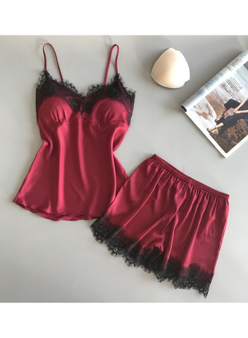 MARGOUN Women Satin Cami Top and Short Set 2-Piece Lingerie Pajama Set Nightwear Sleepwear Lounge Pjs Set Large Red /L(bust:84/waist:68)  - Image 2