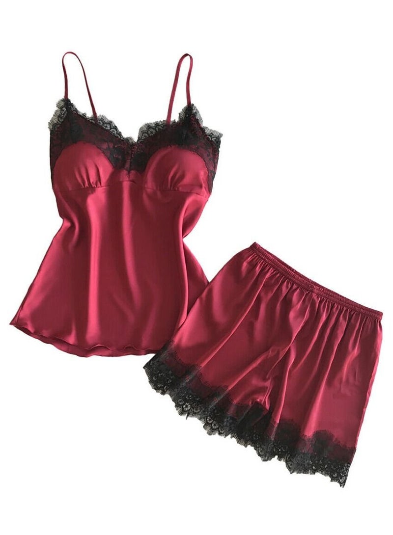 MARGOUN Women Satin Cami Top and Short Set 2-Piece Lingerie Pajama Set Nightwear Sleepwear Lounge Pjs Set Large Red /L(bust:84/waist:68)  - Image 1