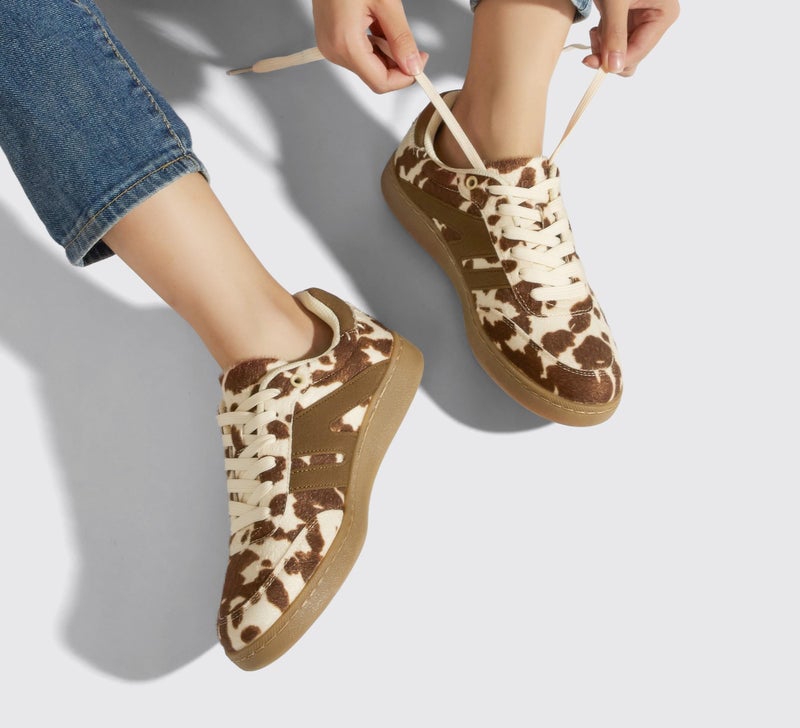 LUCKY STEP Women Classic Retro Gum Sole Fashion Sneakers Casual Tennis Skate Shoe Genuine Leather Walking Footwear Anti Slip Trainers(Brown Cow Print,10) - Image 2