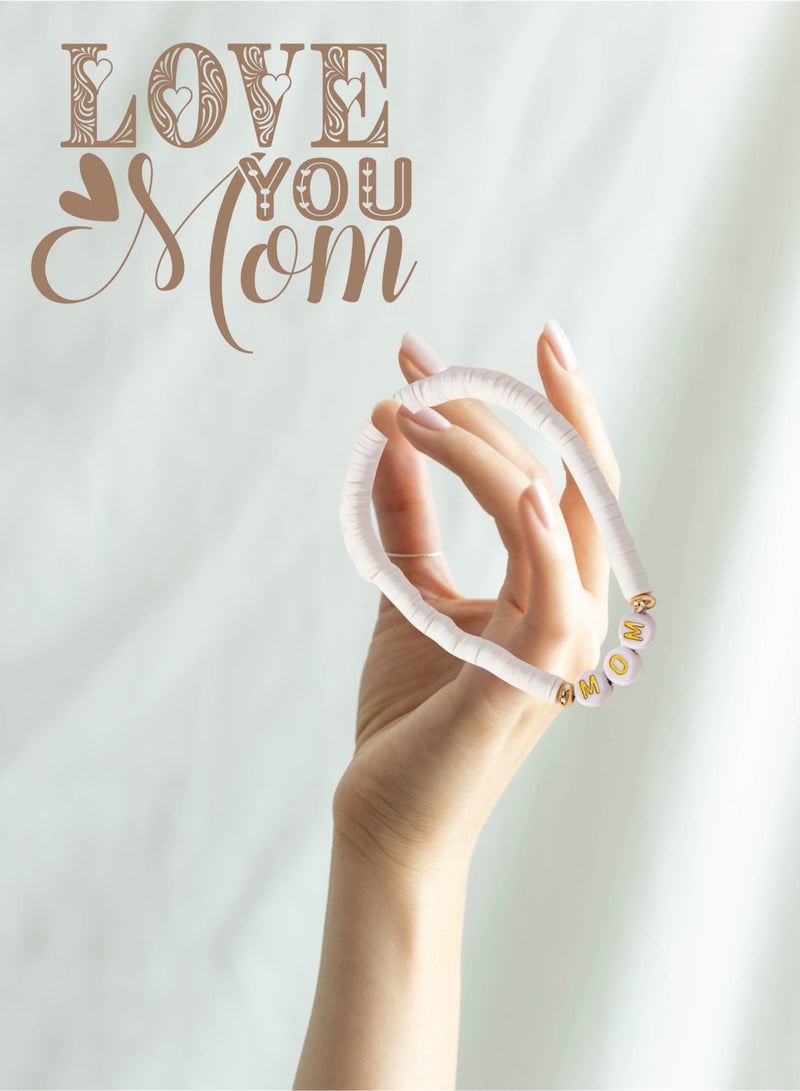 Happy Birthday Mother's Gift Elegant Polymer Clay MOM Beaded Bracelet Present Surprise, Gold Letter Charms Beige Pink White Stones Fashion Accessories for Mum to be, Best Mom, White Color  - Image 2