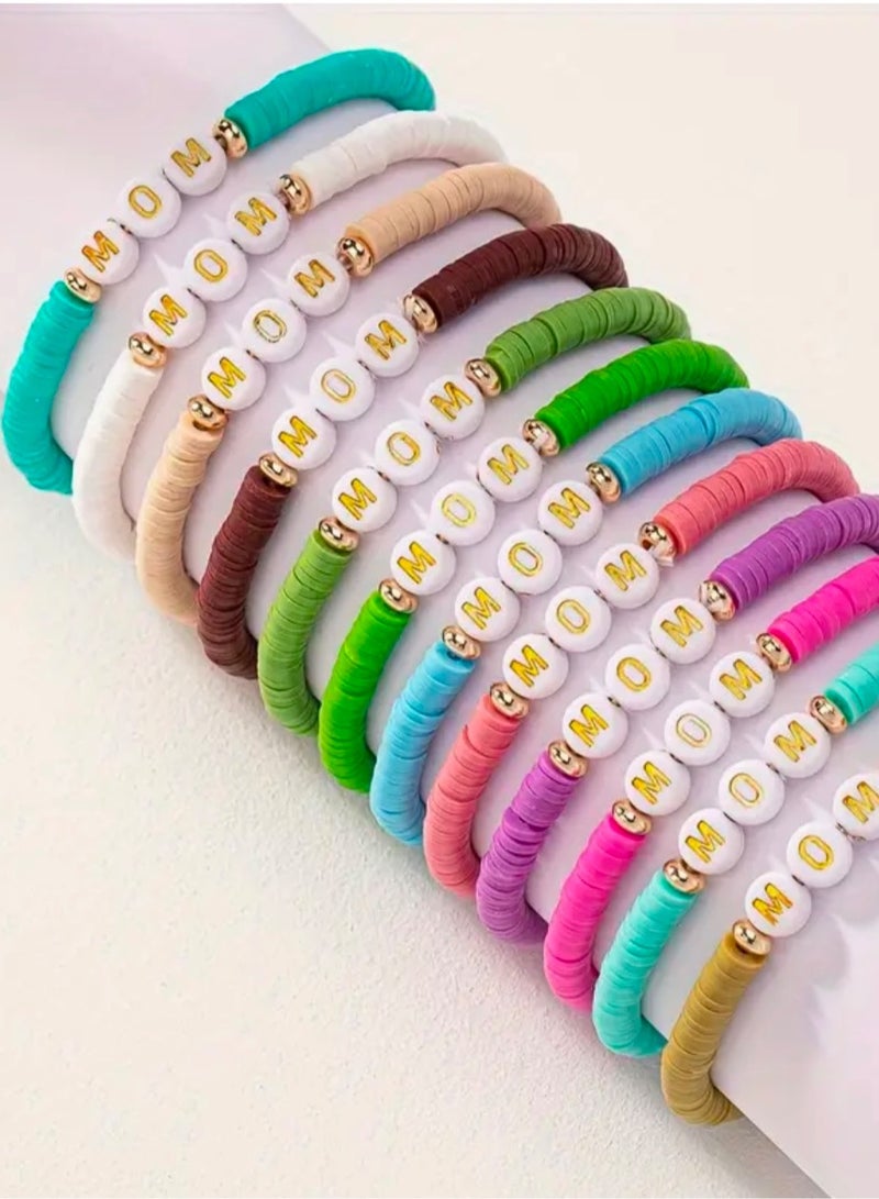 Happy Birthday Mother's Gift Elegant Polymer Clay MOM Beaded Bracelet Present Surprise, Gold Letter Charms Beige Pink White Stones Fashion Accessories for Mum to be, Best Mom, White Color  - Image 4