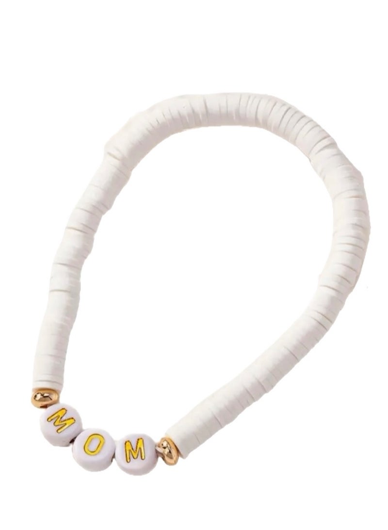 Happy Birthday Mother's Gift Elegant Polymer Clay MOM Beaded Bracelet Present Surprise, Gold Letter Charms Beige Pink White Stones Fashion Accessories for Mum to be, Best Mom, White Color  - Image 1