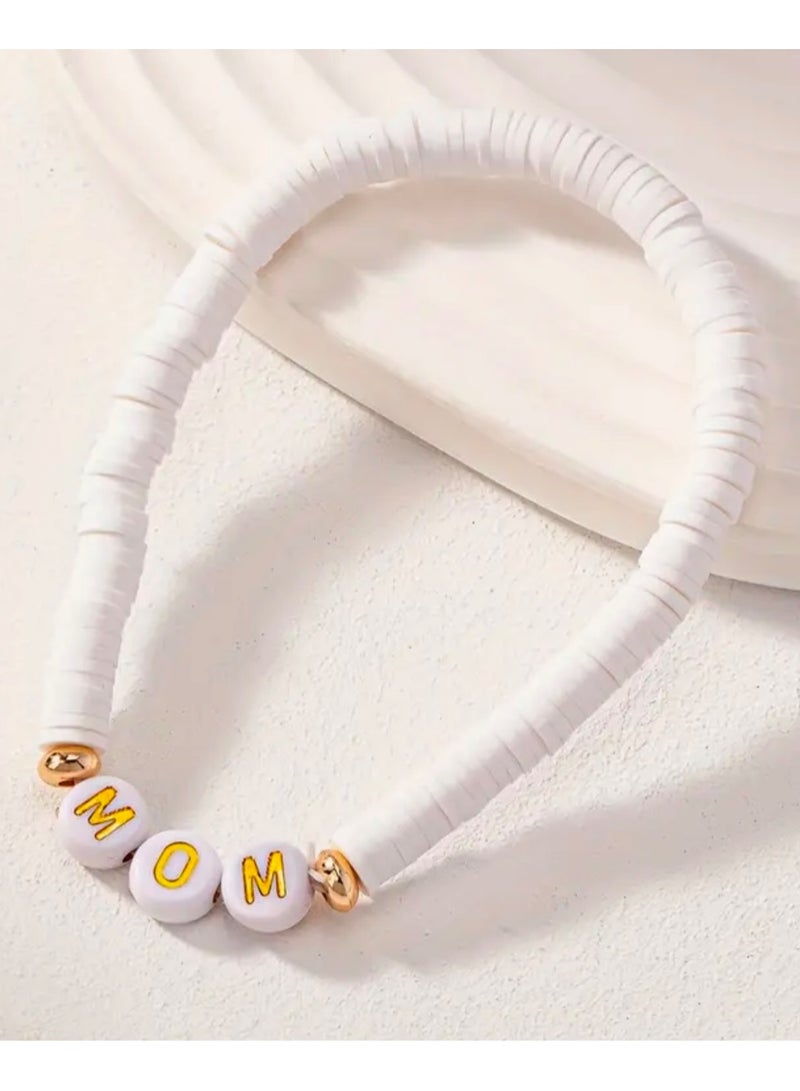 Happy Birthday Mother's Gift Elegant Polymer Clay MOM Beaded Bracelet Present Surprise, Gold Letter Charms Beige Pink White Stones Fashion Accessories for Mum to be, Best Mom, White Color  - Image 5