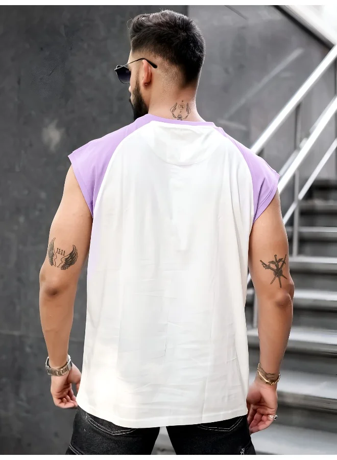 Maniac Mens Printed Round Neck Raglan Sleeveless White and Lavender Cotton T-Shirt