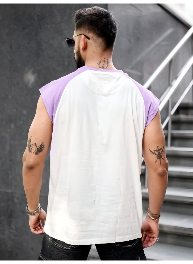 Maniac Mens Printed Round Neck Raglan Sleeveless White and Lavender Cotton T-Shirt  - Image 3