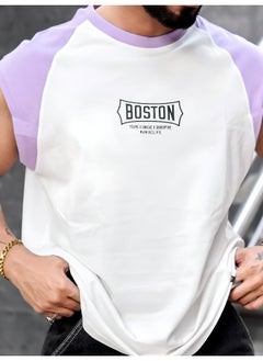 Maniac Mens Printed Round Neck Raglan Sleeveless White and Lavender Cotton T-Shirt  - Image 4