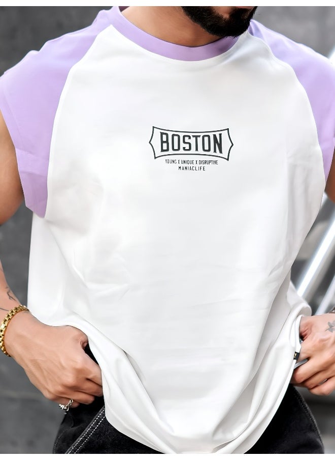 Maniac Mens Printed Round Neck Raglan Sleeveless White and Lavender Cotton T-Shirt  - Image 4