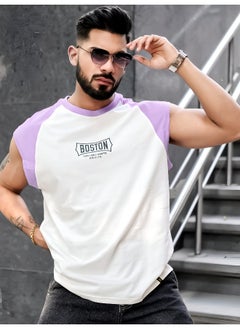 Maniac Mens Printed Round Neck Raglan Sleeveless White and Lavender Cotton T-Shirt  - Image 1