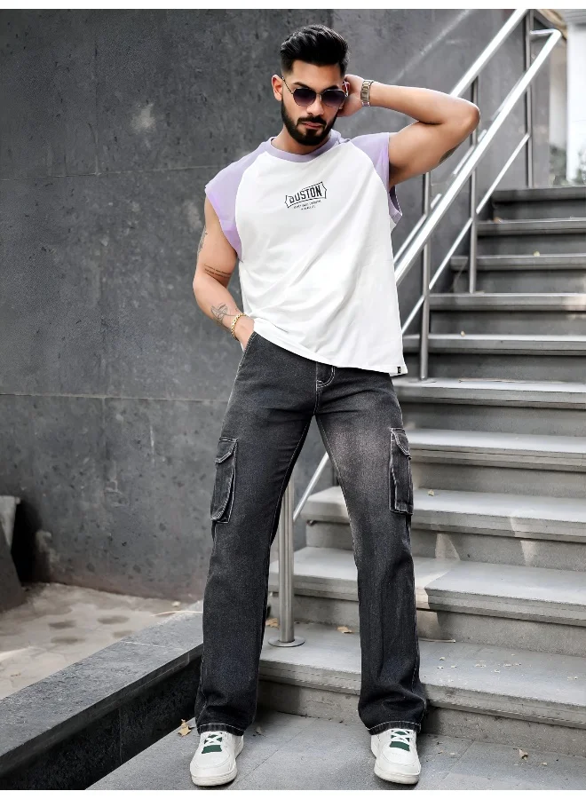 Maniac Mens Printed Round Neck Raglan Sleeveless White and Lavender Cotton T-Shirt