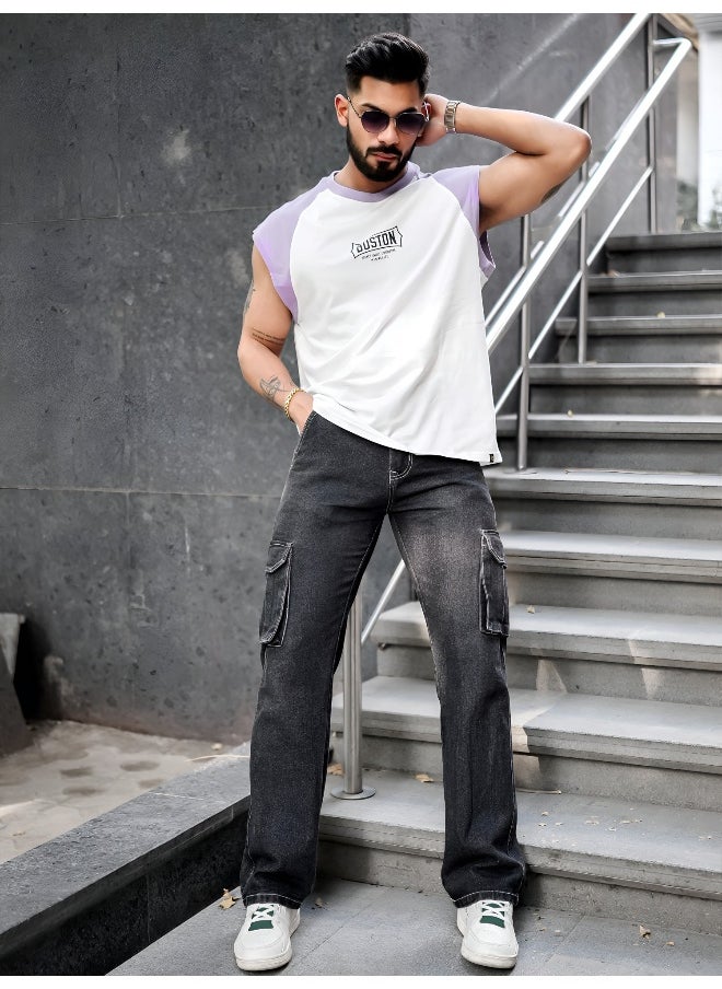 Maniac Mens Printed Round Neck Raglan Sleeveless White and Lavender Cotton T-Shirt  - Image 5