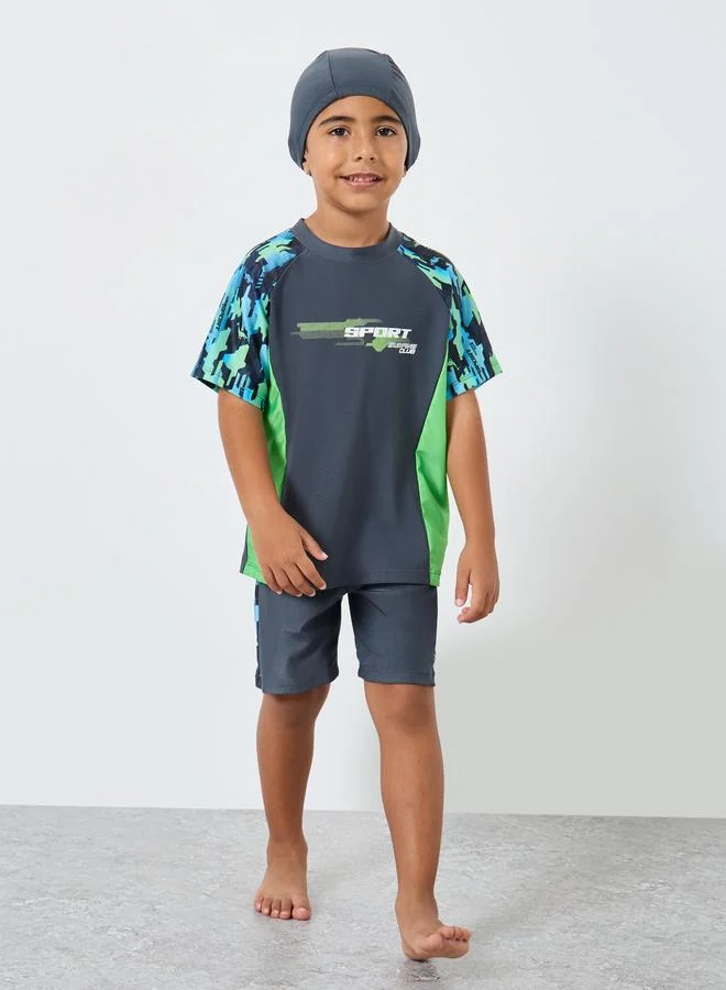 ستايلي Styli Set of 3 - Printed Raglan Sleeve Swim Top, Shorts and Cap