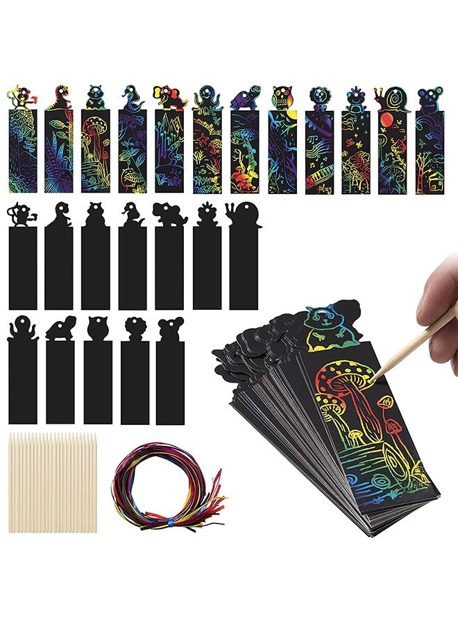 Animal Magic Scratch Art Bookmarks 48Pcs DIY Bookmark Crafts with 100 Pieces Colorful Ropes and 20 Pieces Wood Stylus