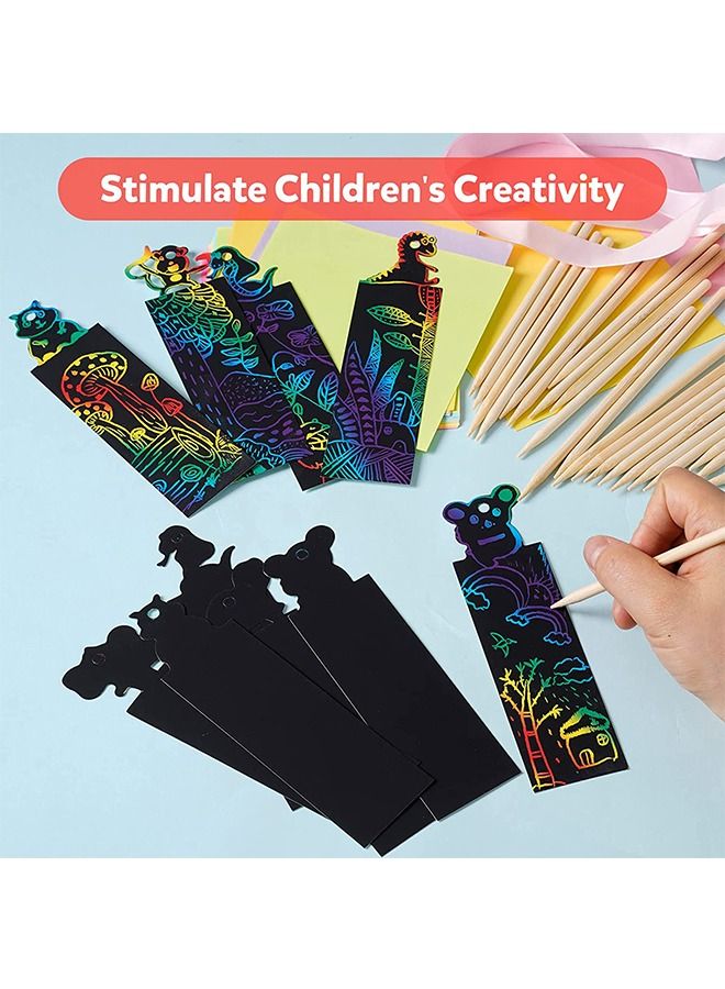 Animal Magic Scratch Art Bookmarks 48Pcs DIY Bookmark Crafts with 100 Pieces Colorful Ropes and 20 Pieces Wood Stylus