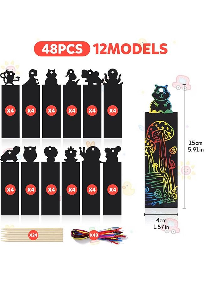 Animal Magic Scratch Art Bookmarks 48Pcs DIY Bookmark Crafts with 100 Pieces Colorful Ropes and 20 Pieces Wood Stylus
