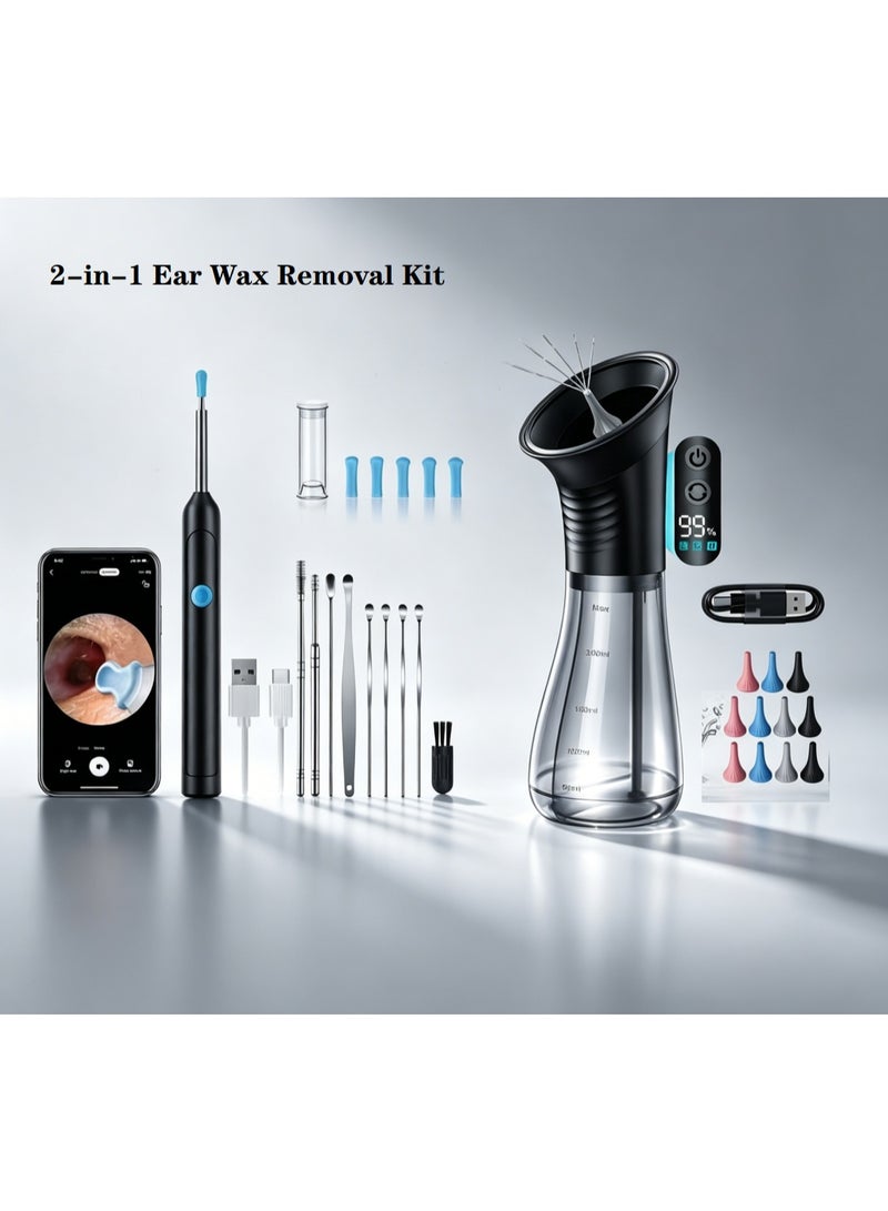 Ainawo Ear Wax Removal 2-in-1 Kit, Electric Ear Irrigator with Wastewater Recovery System + HD Visual Otoscope Camera, Ear Cleaning Kit with 3 Pressure Modes, 12 Tips, 9 Ear Picks & 6 Silicone Ear Spoons, Compatible with iOS & Android - Image 1