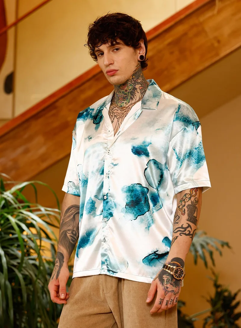 Campus Sutra Campus Sutra Men Blob-Satin Oversized Shirt | Cuban Collar Short Sleeves | Button Closure Straight Hem | Abstract Print Plain | Woven Fabric For Casual & Vacation Wear | Indigo Blue & Ivory White