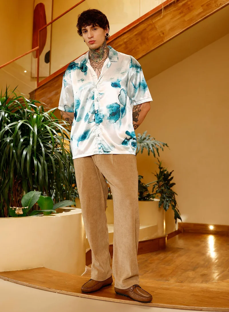 Campus Sutra Campus Sutra Men Blob-Satin Oversized Shirt | Cuban Collar Short Sleeves | Button Closure Straight Hem | Abstract Print Plain | Woven Fabric For Casual & Vacation Wear | Indigo Blue & Ivory White