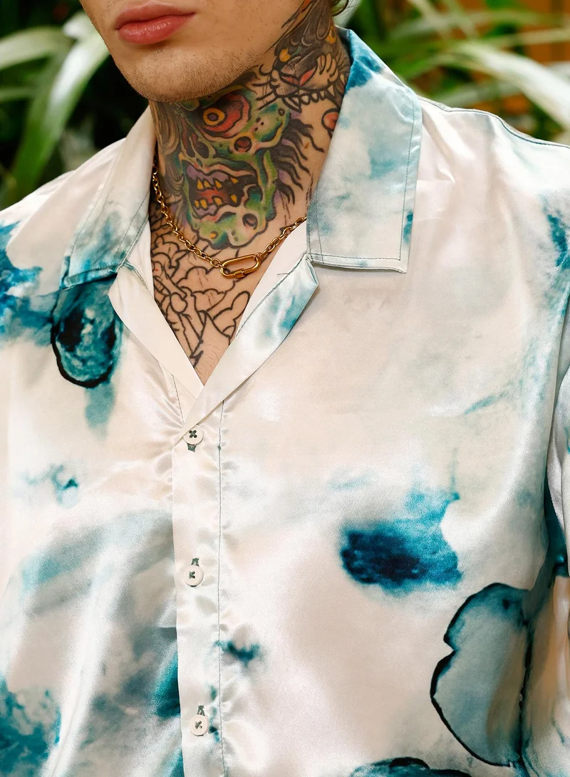 Campus Sutra Campus Sutra Men Blob-Satin Oversized Shirt | Cuban Collar Short Sleeves | Button Closure Straight Hem | Abstract Print Plain | Woven Fabric For Casual & Vacation Wear | Indigo Blue & Ivory White