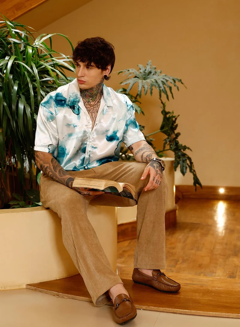 Campus Sutra Campus Sutra Men Blob-Satin Oversized Shirt | Cuban Collar Short Sleeves | Button Closure Straight Hem | Abstract Print Plain | Woven Fabric For Casual & Vacation Wear | Indigo Blue & Ivory White