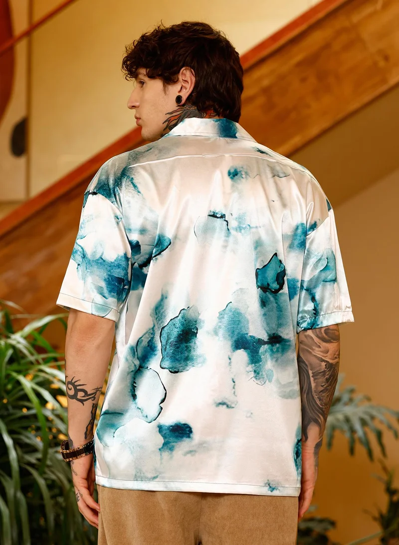 Campus Sutra Campus Sutra Men Blob-Satin Oversized Shirt | Cuban Collar Short Sleeves | Button Closure Straight Hem | Abstract Print Plain | Woven Fabric For Casual & Vacation Wear | Indigo Blue & Ivory White