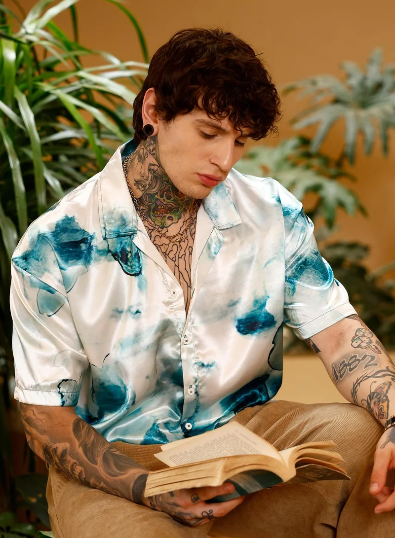 كامبوس سوترا Campus Sutra Men Blob-Satin Oversized Shirt | Cuban Collar Short Sleeves | Button Closure Straight Hem | Abstract Print Plain | Woven Fabric For Casual & Vacation Wear | Indigo Blue & Ivory White