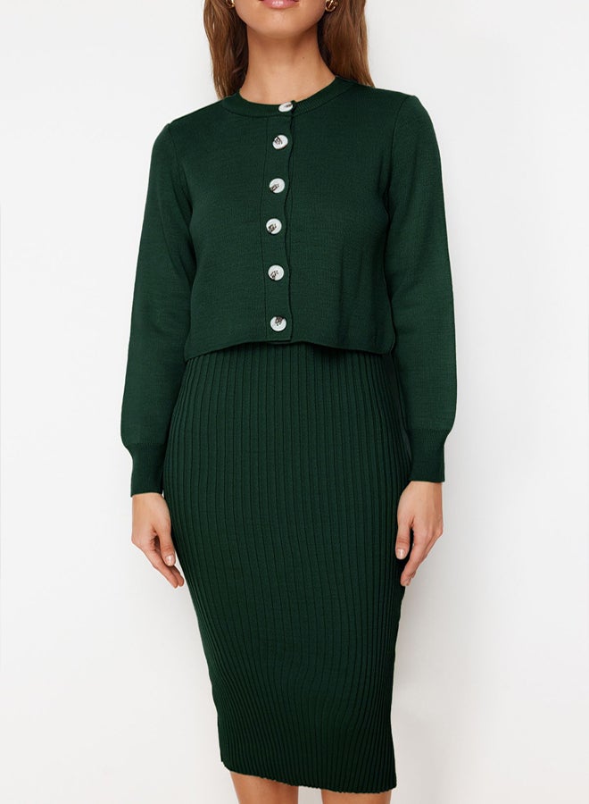 trendyol Emerald Green Midi Knit Basic Cardigan Dress - Image 3