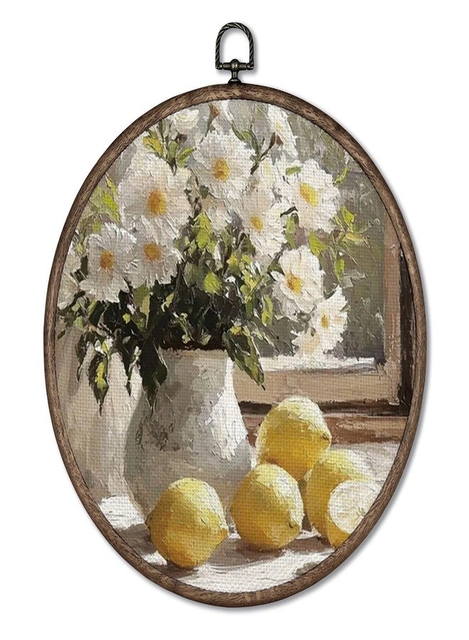 Giosve Vintage Rustic Lemon Floral Round Wall Art Canvas Framed Poster, Antique Farmhouse Flower Vase Fruit Hanging Wall Sculptures for Kitchen Dining Room Home Decor, 10x10 Inch - Image 1