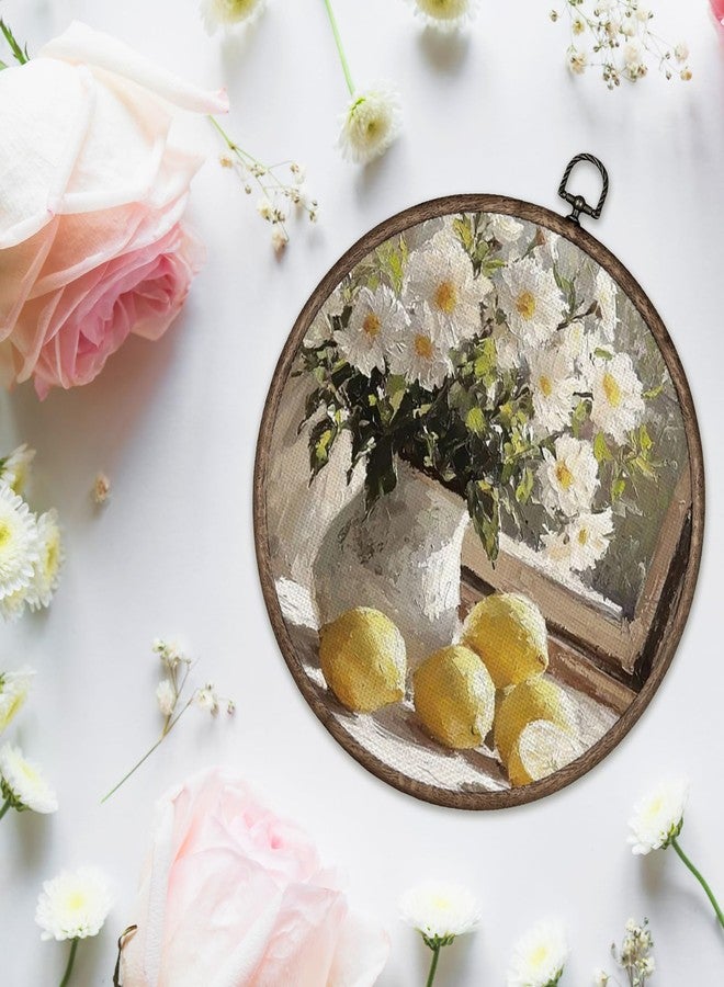 Giosve Vintage Rustic Lemon Floral Round Wall Art Canvas Framed Poster, Antique Farmhouse Flower Vase Fruit Hanging Wall Sculptures for Kitchen Dining Room Home Decor, 10x10 Inch - Image 3