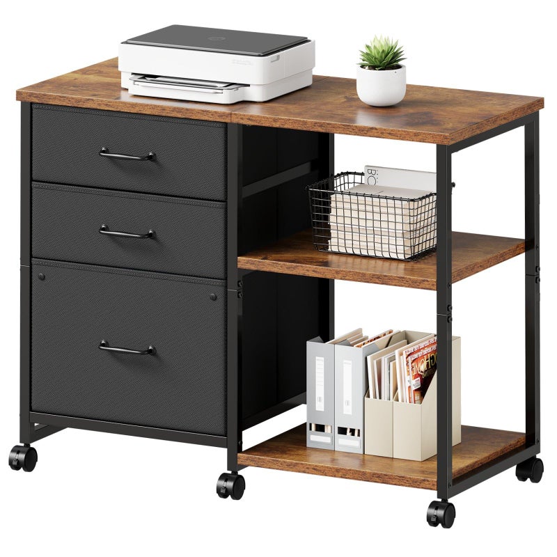 Maihail 3 Drawer File Cabinet with Wheels Rolling Printer Stand with Open Storage Shelf Fabric Lateral Filing Cabinet for Home Office,Rustic Brown - Image 1
