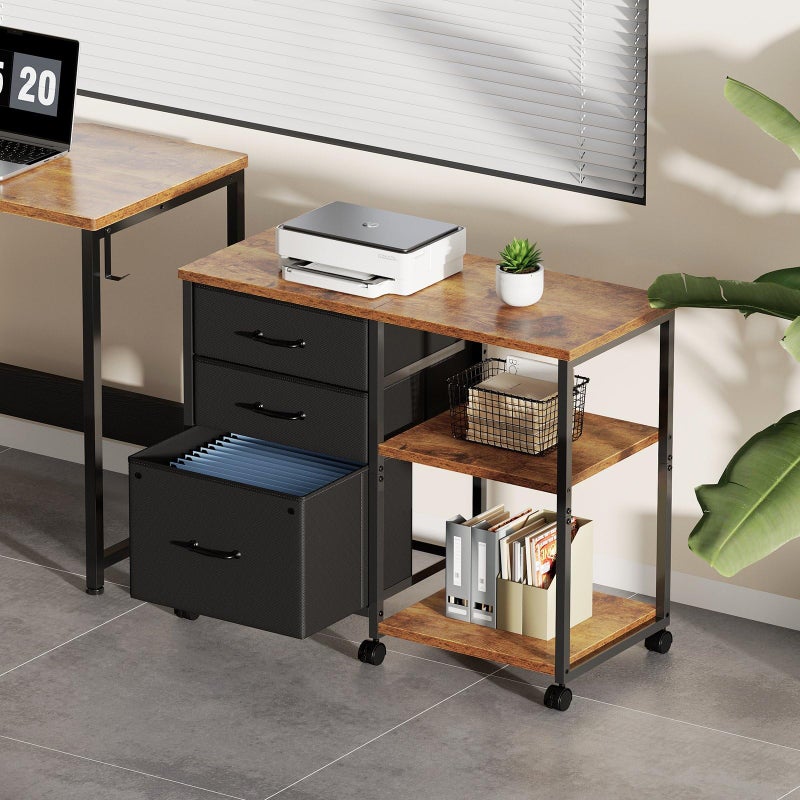 Maihail 3 Drawer File Cabinet with Wheels Rolling Printer Stand with Open Storage Shelf Fabric Lateral Filing Cabinet for Home Office,Rustic Brown - Image 2