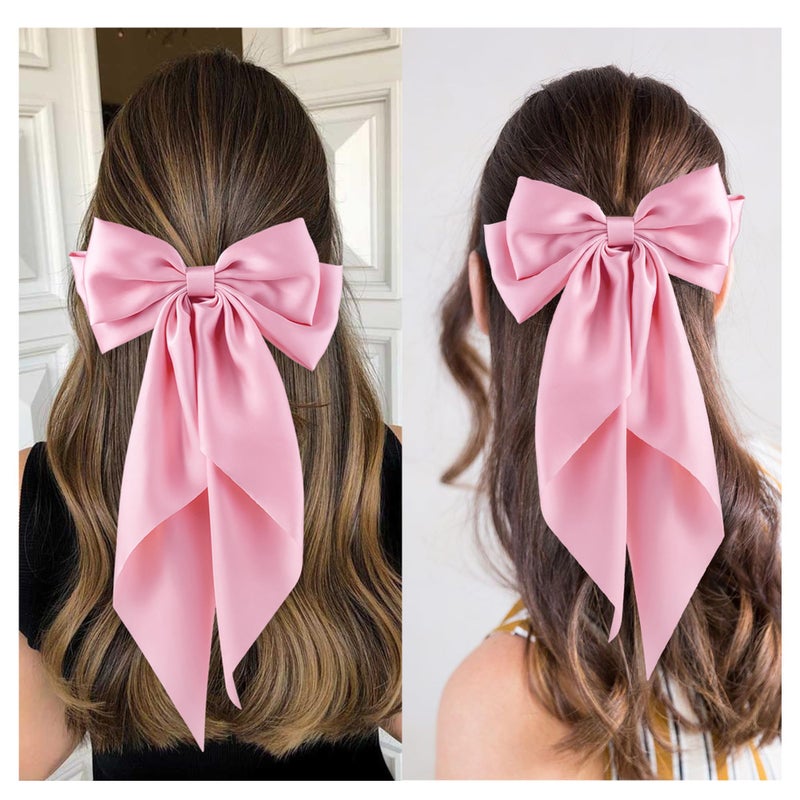 hisial 6Pcs Large Bows Hair Clips for Women Girls Long Tail Hair Ribbon Silky Satin Barrettes Coquette Bows Accessories (Pink) - Image 4