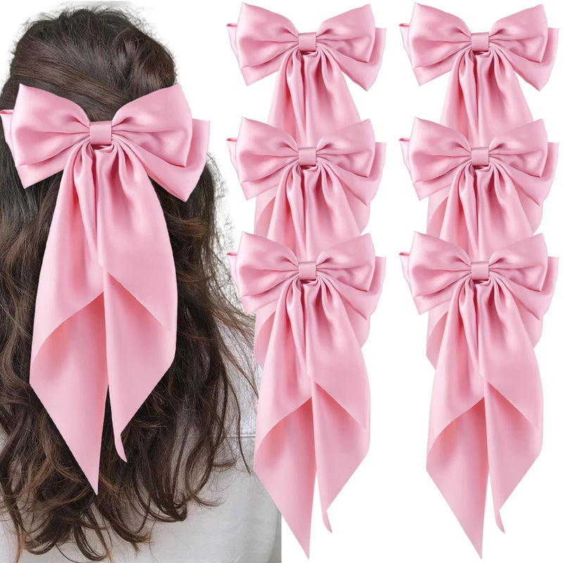 hisial 6Pcs Large Bows Hair Clips for Women Girls Long Tail Hair Ribbon Silky Satin Barrettes Coquette Bows Accessories (Pink) - Image 1