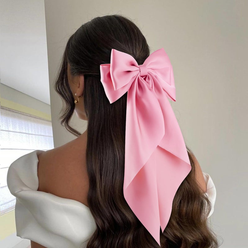 hisial 6Pcs Large Bows Hair Clips for Women Girls Long Tail Hair Ribbon Silky Satin Barrettes Coquette Bows Accessories (Pink) - Image 3