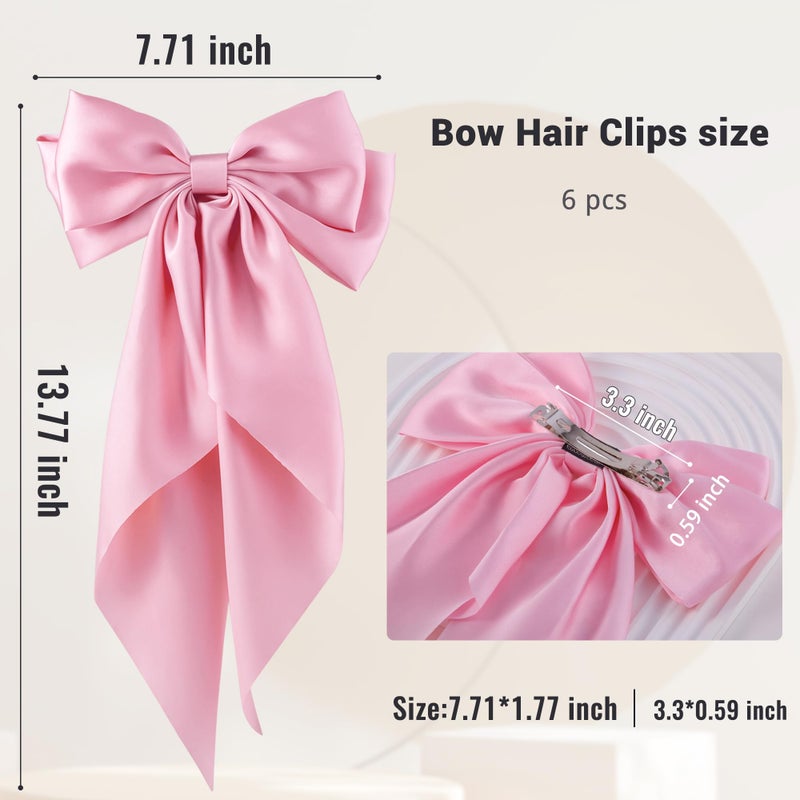 hisial 6Pcs Large Bows Hair Clips for Women Girls Long Tail Hair Ribbon Silky Satin Barrettes Coquette Bows Accessories (Pink) - Image 2