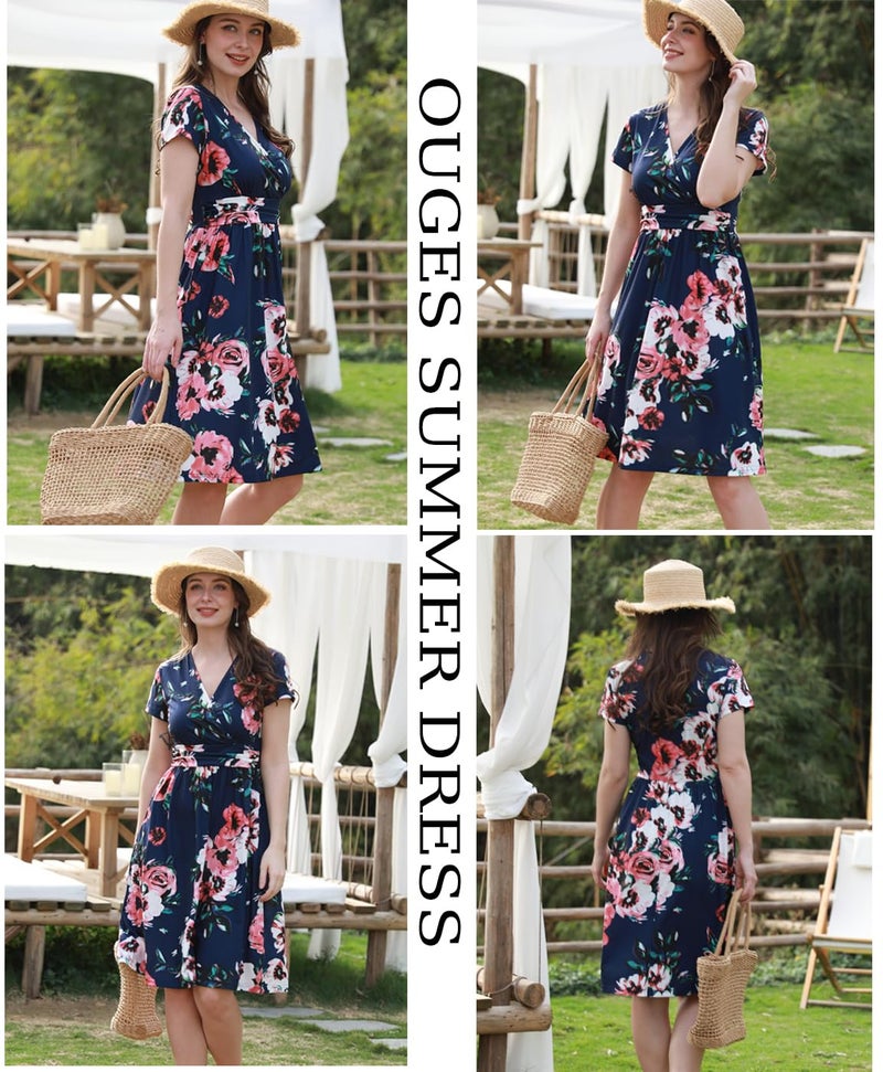 OUGES Women's Summer Short Sleeve V-Neck Pattern Knee Length Casual Party Dress with Pockets Summer Dresses for Women 2025(Floral02,L) - Image 3