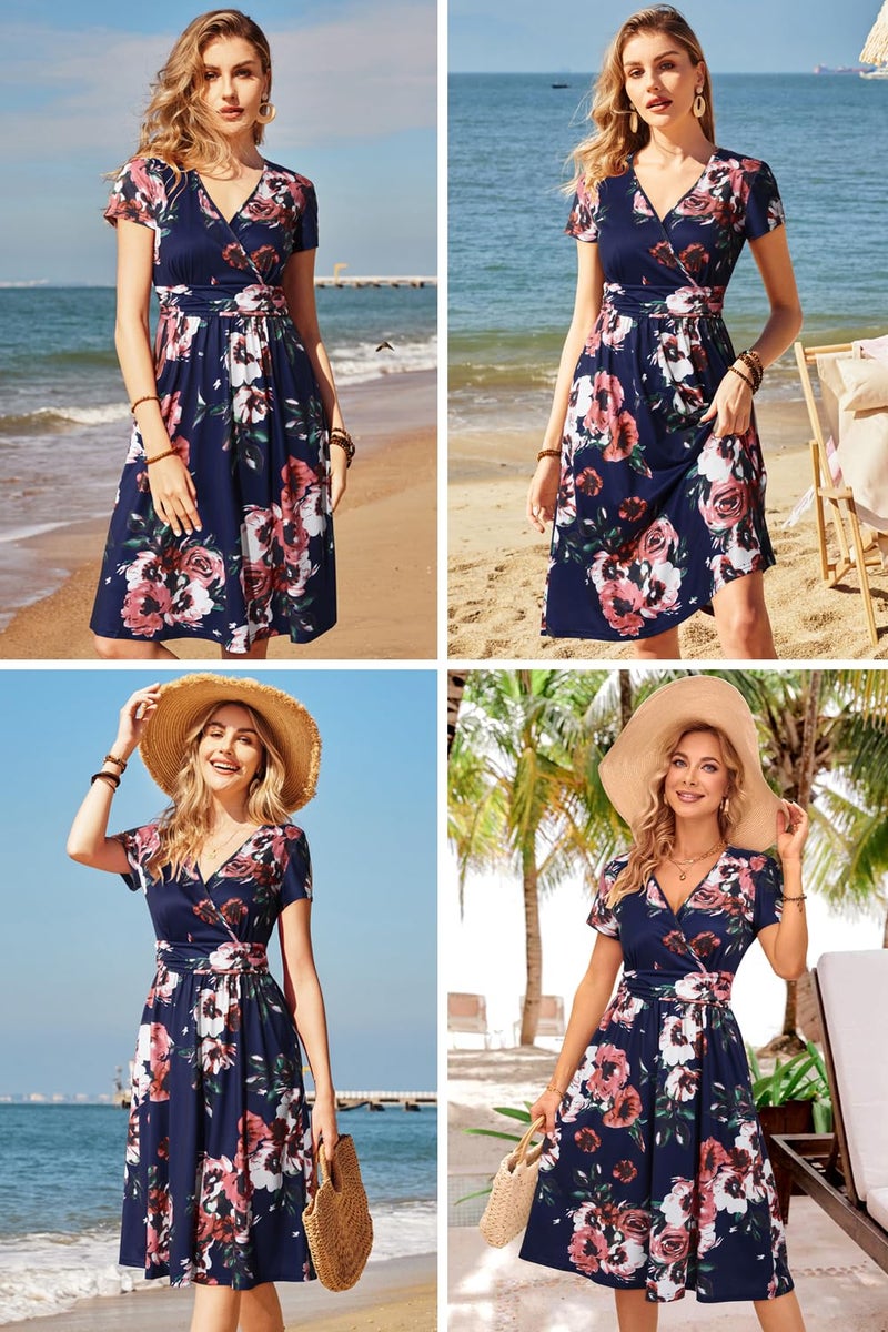 OUGES Women's Summer Short Sleeve V-Neck Pattern Knee Length Casual Party Dress with Pockets Summer Dresses for Women 2025(Floral02,L) - Image 2