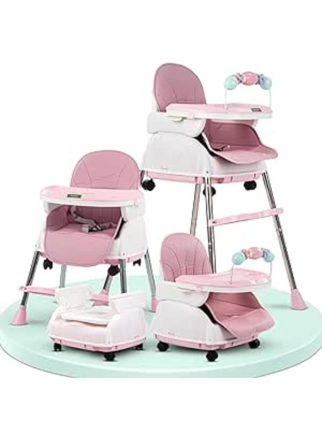 Baybee 4 in 1 Nora Convertible High Chair for Kids with Adjustable Height and Footrest, Baby Toddler Feeding Booster Seat with Tray, Wheels, Safety Belt and Cushion For 6 Months to 4 Years (Pink) - Image 1