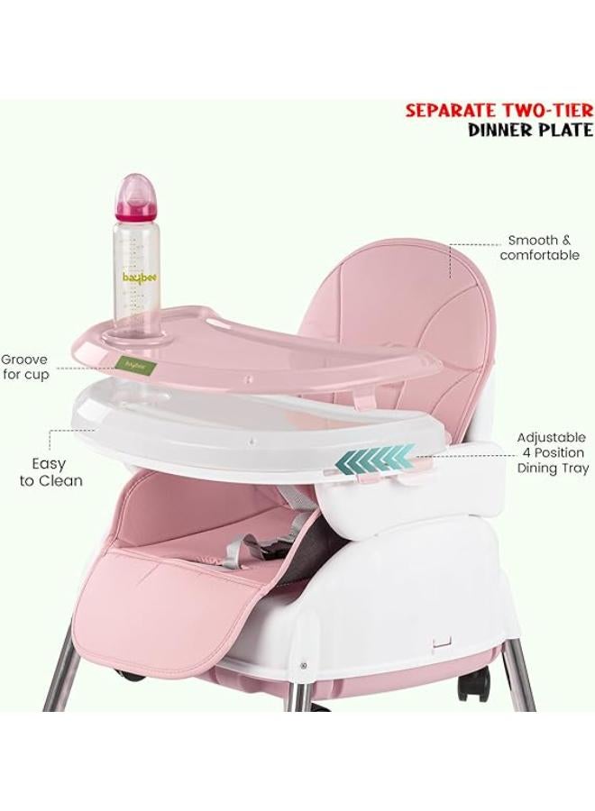 Baybee 4 in 1 Nora Convertible High Chair for Kids with Adjustable Height and Footrest, Baby Toddler Feeding Booster Seat with Tray, Wheels, Safety Belt and Cushion For 6 Months to 4 Years (Pink) - Image 3
