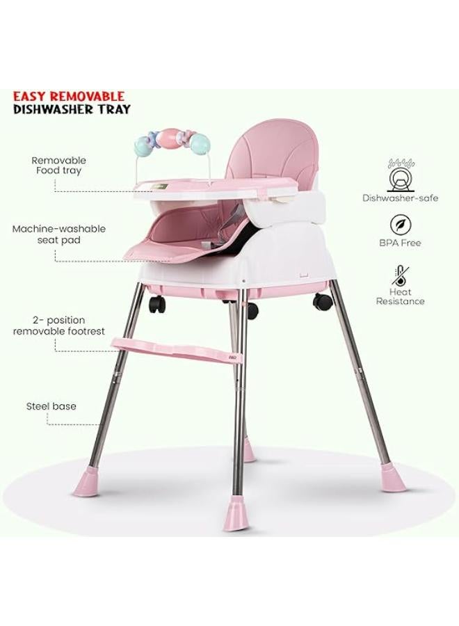 Baybee 4 in 1 Nora Convertible High Chair for Kids with Adjustable Height and Footrest, Baby Toddler Feeding Booster Seat with Tray, Wheels, Safety Belt and Cushion For 6 Months to 4 Years (Pink) - Image 2