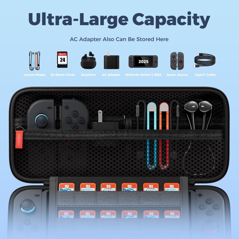 ProCase Carrying Case for Nintendo Switch 2 (2025) with 24 Game Card Slots, Hard Portable Travel Case Storage Bag Protective Pouch for 2025 Nintendo Switch 2 Console AC Adapter & Accessories -Black,L - Image 2