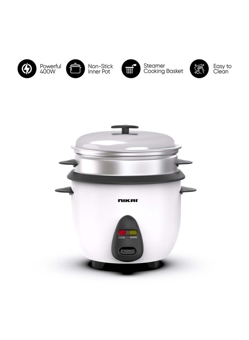 NIKAI 2-In-1 Rice Cooker With Steamer, Non-Stick Convenience Pot And Keep Warm Function For Flawless Meals, Detachable Cord, Cook, Steam, And Keep Warm With Ease And Efficiency 1 L 400 W NR701A White - Image 1