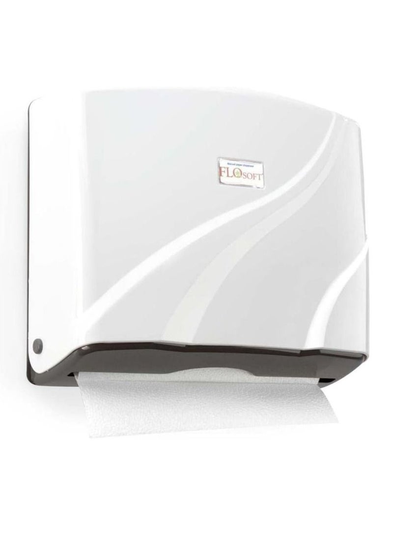 FLOSOFT Flosoft Wall-Mounted Comercial Paper Towel Dispenser,Plastic Bathroom Hand Towel Dispenser with Lock Design, 200 Z-Fold Capacity,White. 