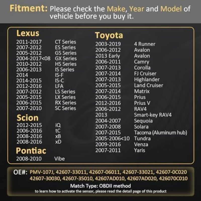 مستشعر NALACAL TPMS، متوافق مع مستشعر مراقبة ضغط الإطارات Toyota Land CruiserScion Pontiac Lexus، Camry rav4 Yaris Corolla، يستبدل # 42607-33011 PMV-107J 42607-33021 42607-06011 315 ميجاهرتز - Image 3