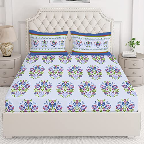 Layers 100% Cotton Bedsheet for Double Bed with Pillow Cover Set, 140 TC (Purple/Green, Floral Pattern) Uphaar Collection, Light Weight, Moisture Absorbent, All Season Comfort - Image 1