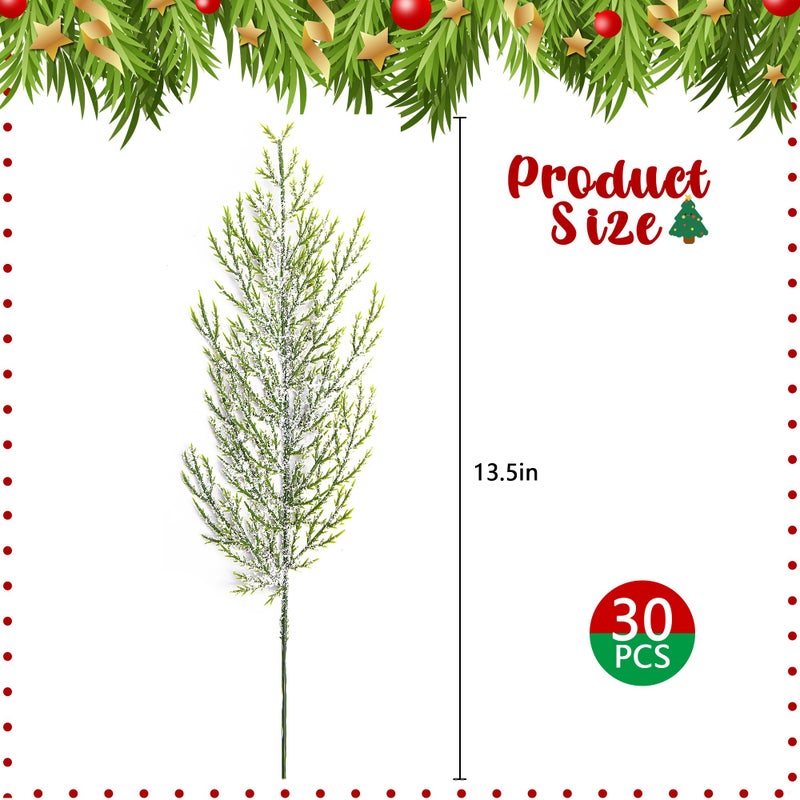 Alpurple 30 Pcs Christmas Snow Frosted Pine Branches- 13.5"" Snowy Artificial Pine Needles Branches Twigs- Greenery Ceder Sprigs Pine Picks Stems for Christmas Wreath Home Garden Decoration - Image 2