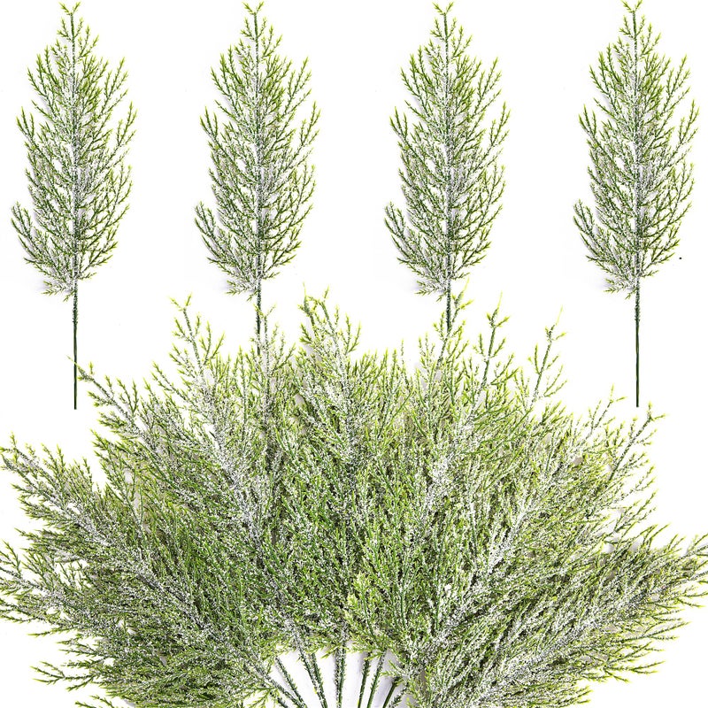 Alpurple 30 Pcs Christmas Snow Frosted Pine Branches- 13.5"" Snowy Artificial Pine Needles Branches Twigs- Greenery Ceder Sprigs Pine Picks Stems for Christmas Wreath Home Garden Decoration - Image 1
