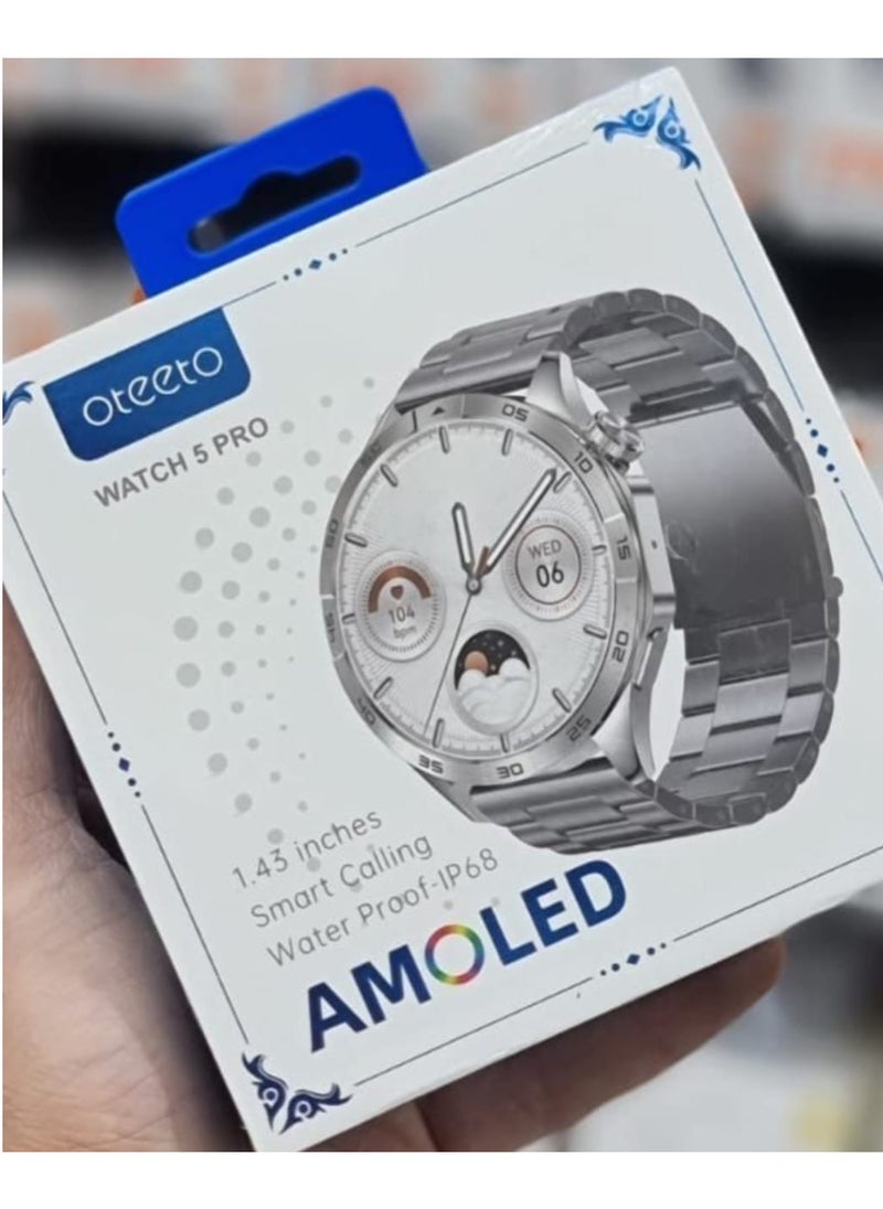 أوتيتو - ساعة ذكية Oteeto Watch 5 pro بشاشة AMOLED مقاس 1.43 بوصة مع حزامين وشاحن لاسلكي للرجال والنساء ساعة ذكية متوافقة مع Android وiOS - Image 1