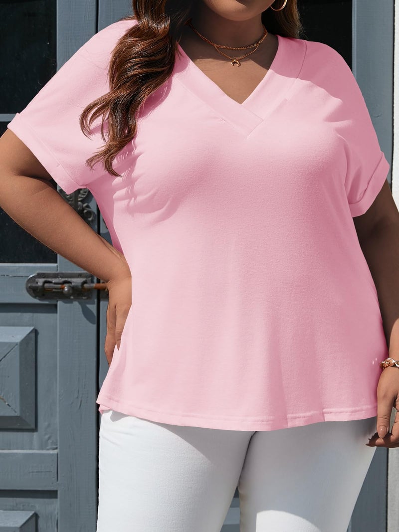 Beautife Womens Plus Size V Neck T Shirts Short Sleeve Summer Dressy Casual Tunic Tops Loose Fit Tees Blouse Light Pink - Image 5
